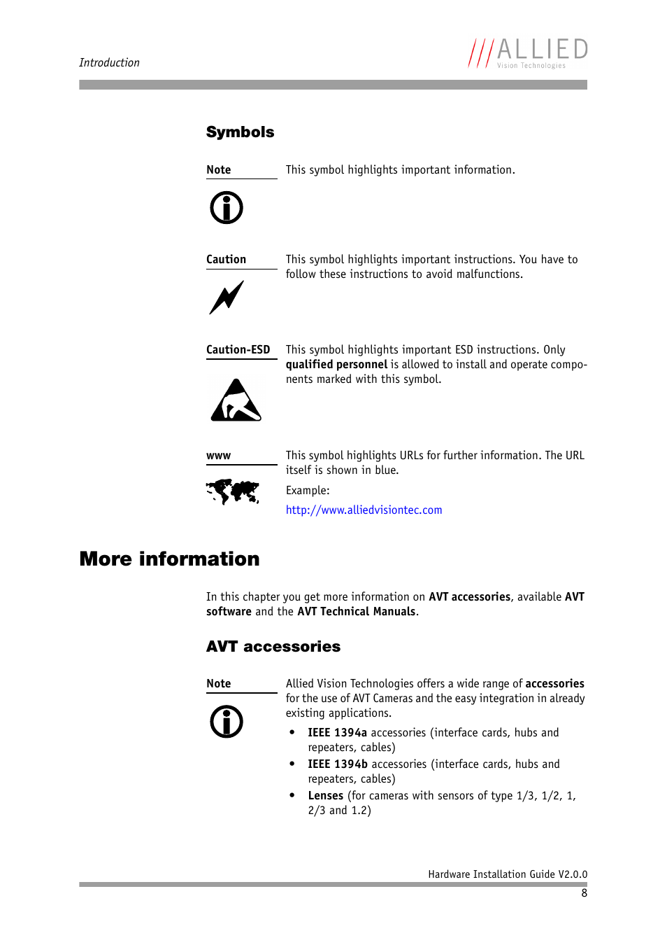 Symbols, More information, Avt accessories | Allied International Home Security System User Manual | Page 8 / 63