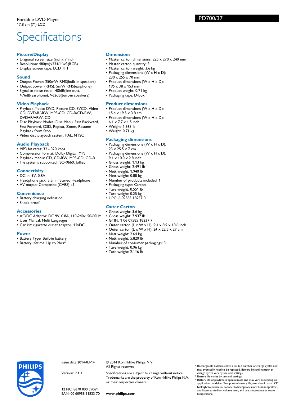 Specifications | Philips PD700-37 User Manual | Page 3 / 3