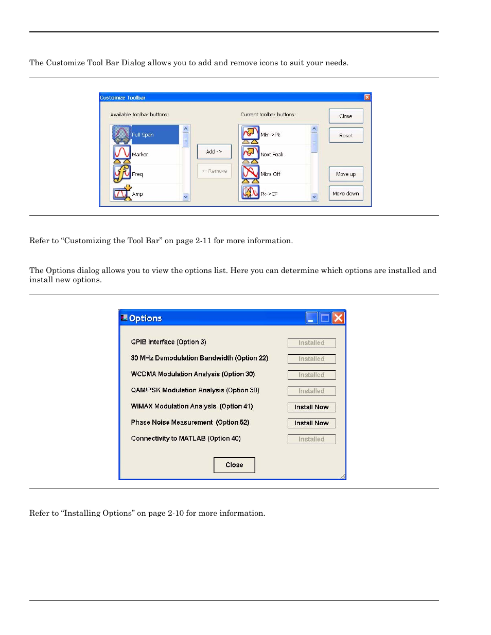 Customize tool bar dialog, Options dialog, Customize tool bar dialog -56 | Options dialog -56 | Anritsu Series MS278XB User Manual | Page 154 / 276