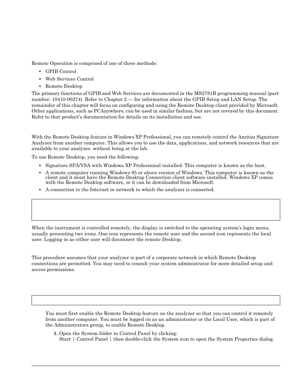 Chapter 7 - remote operation, 1 introduction, 2 remote desktop | Setting up your analyzer, Chapter 7—remote operation, Introduction -1, Remote desktop -1, Setting up your analyzer -1, Enabling the analyzer as the host -1, Chapter 7 — remote operation | Anritsu Series MS278XB User Manual | Page 263 / 276