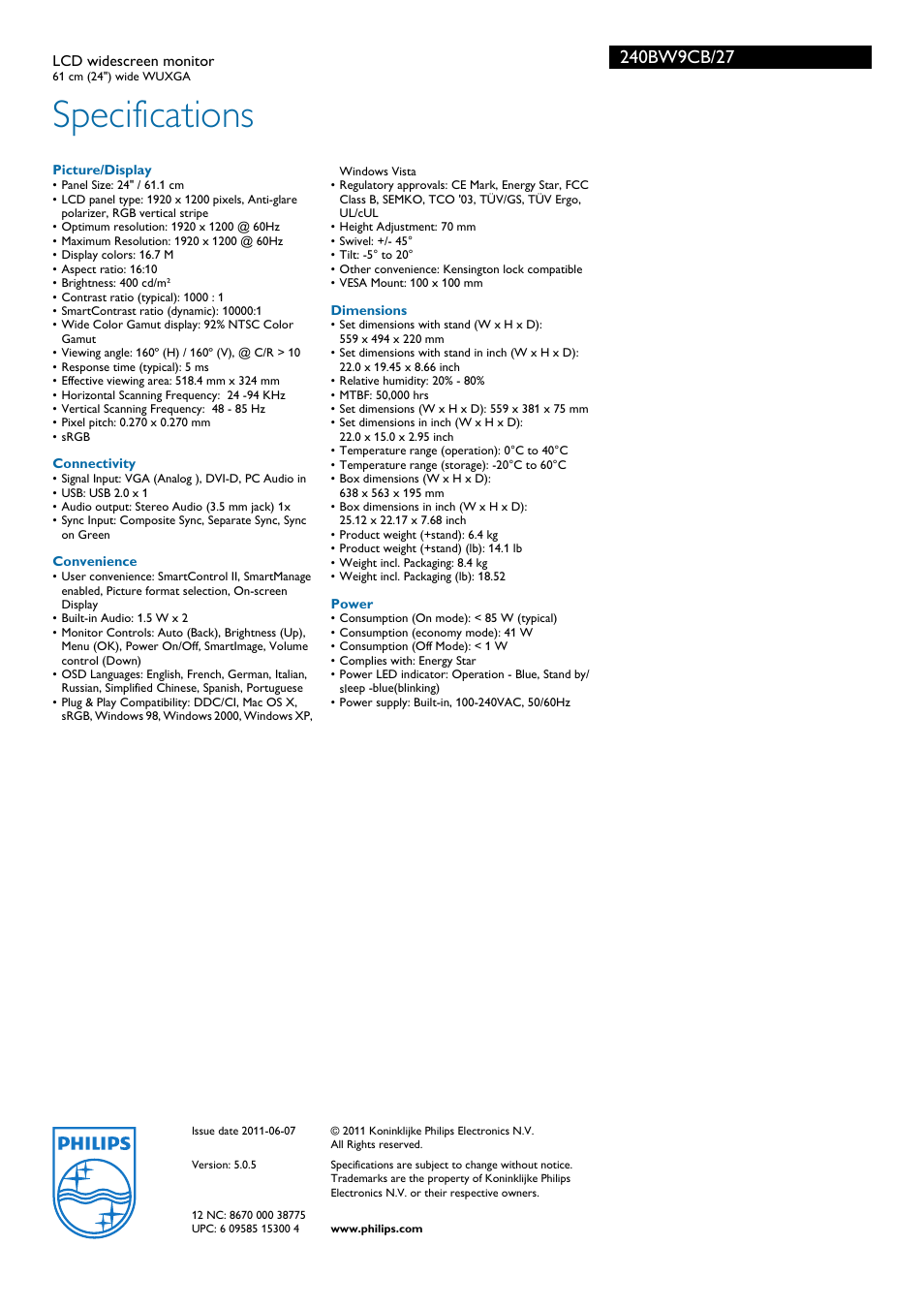Specifications | Philips 240BW9CB-27 User Manual | Page 3 / 3