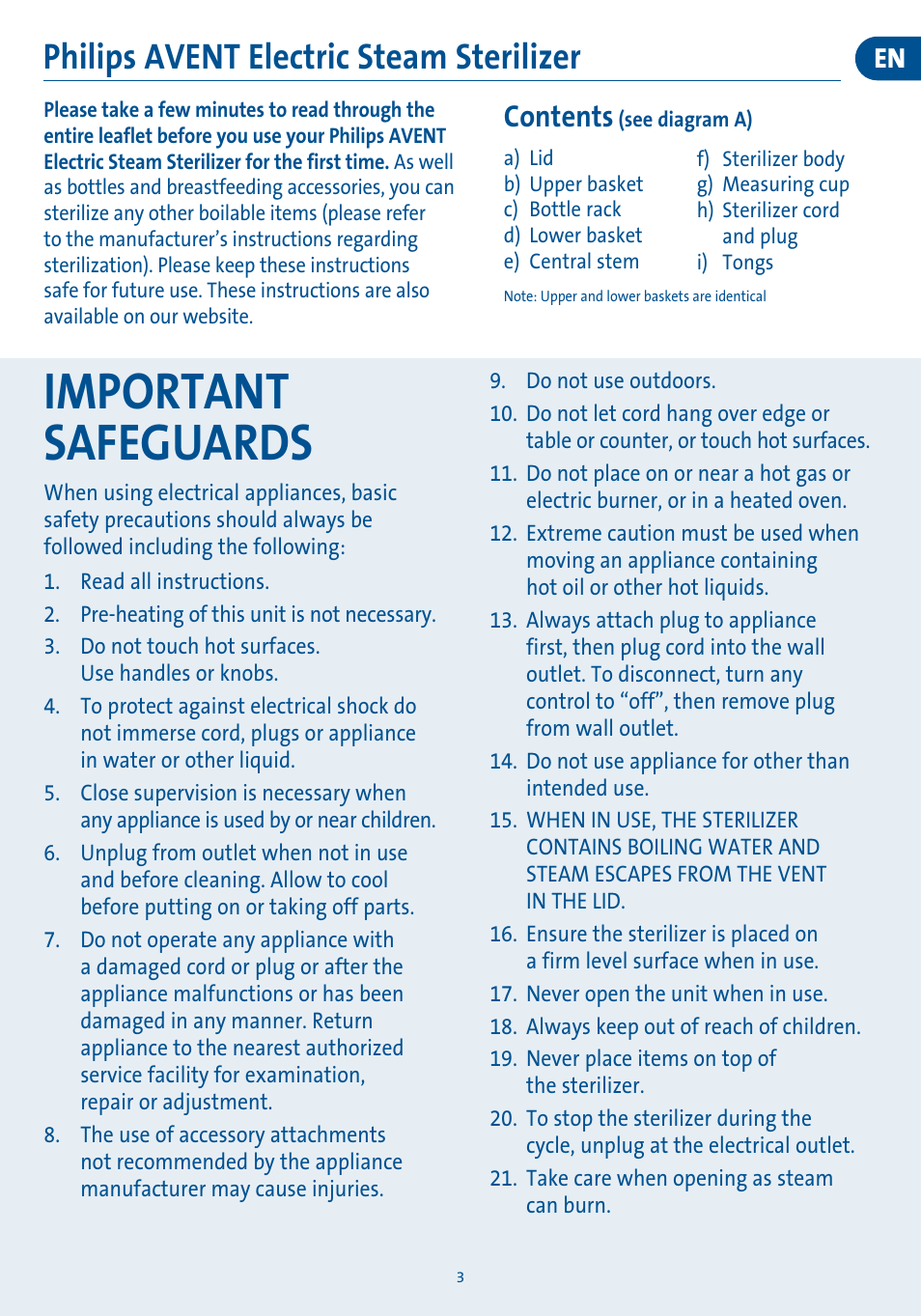 Important safeguards, Philips avent electric steam sterilizer | Philips SCF274-30 User Manual | Page 3 / 9