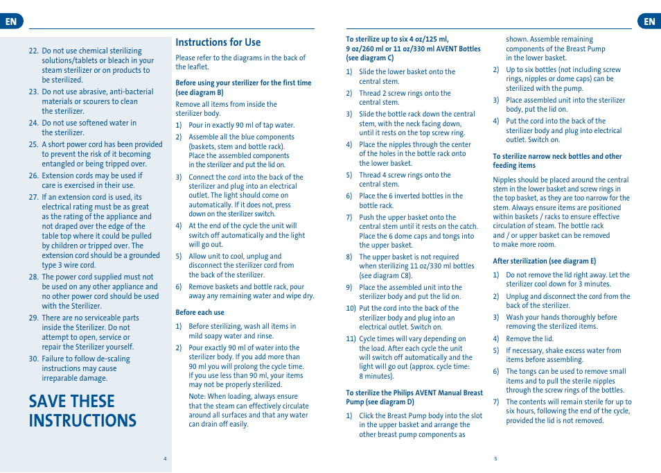 Save these instructions, Instructions for use | Philips SCF274-30 User Manual | Page 4 / 9