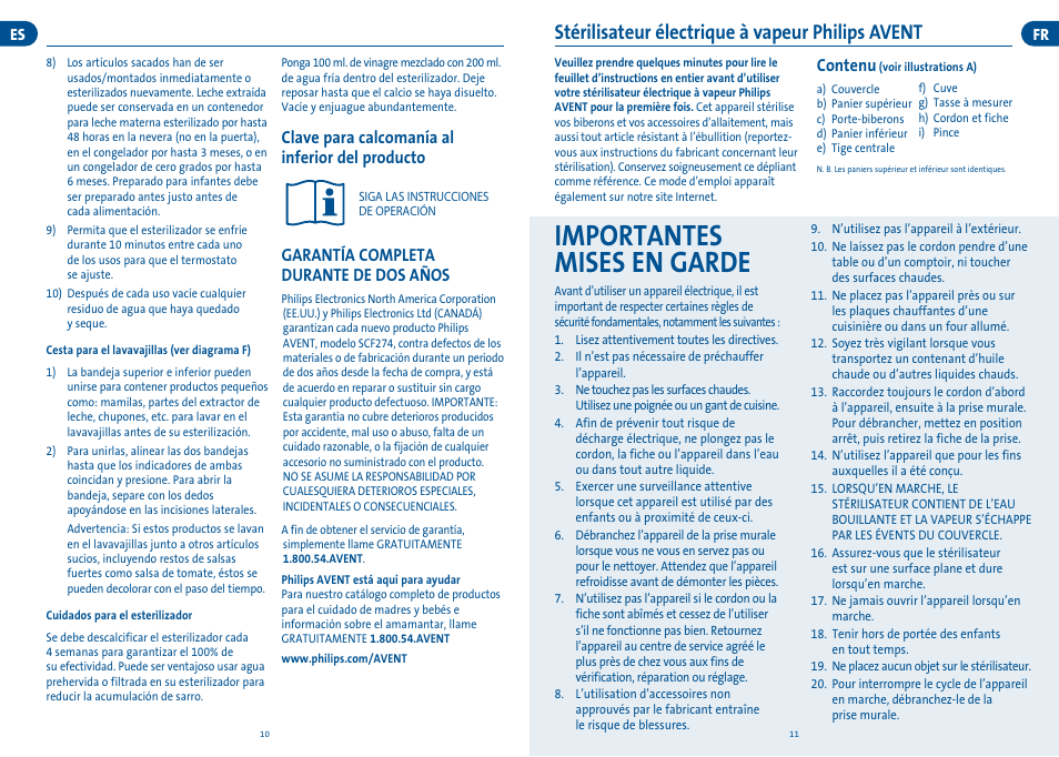 Importantes mises en garde, Stérilisateur électrique à vapeur philips avent, Clave para calcomanía al inferior del producto | Garantía completa durante de dos años, Contenu | Philips SCF274-30 User Manual | Page 7 / 9