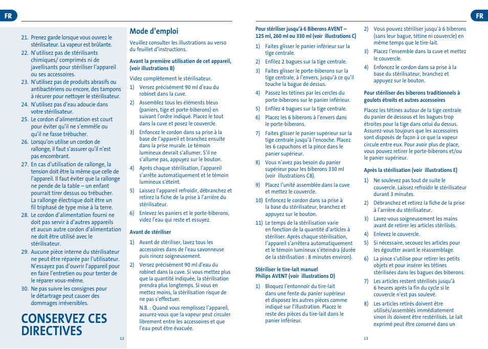 Conservez ces directives, Mode d’emploi | Philips SCF274-30 User Manual | Page 8 / 9