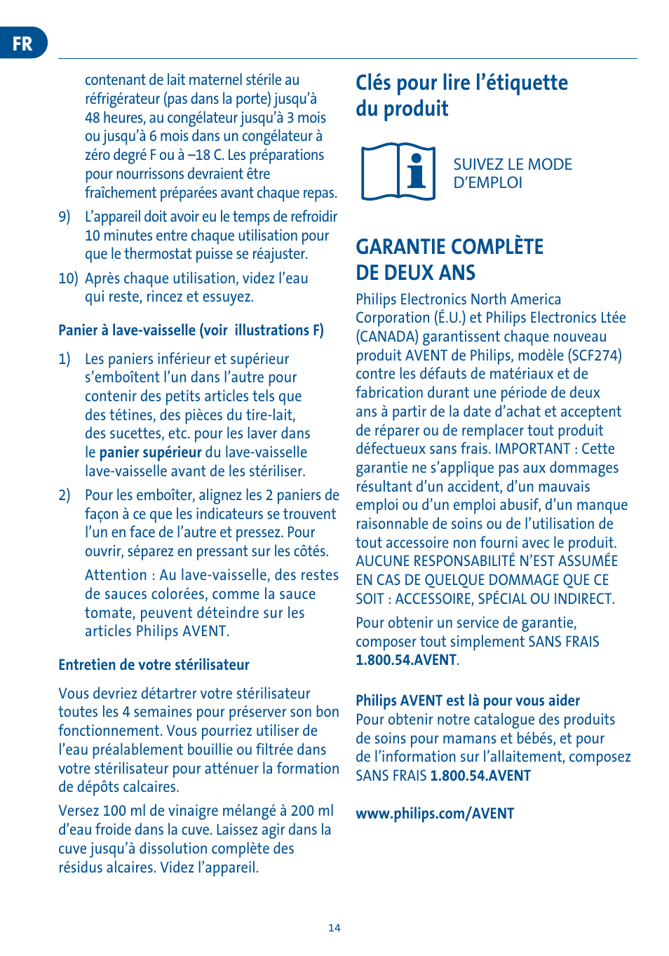 Clés pour lire l’étiquette du produit, Garantie complète de deux ans | Philips SCF274-30 User Manual | Page 9 / 9