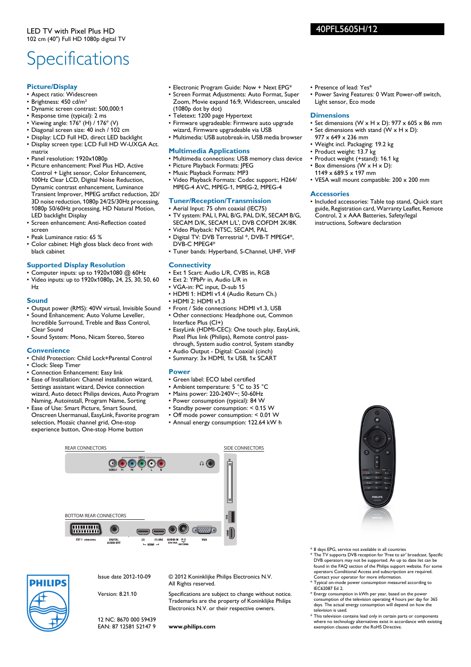 Specifications | Philips 40PFL5605H-12 User Manual | Page 3 / 3