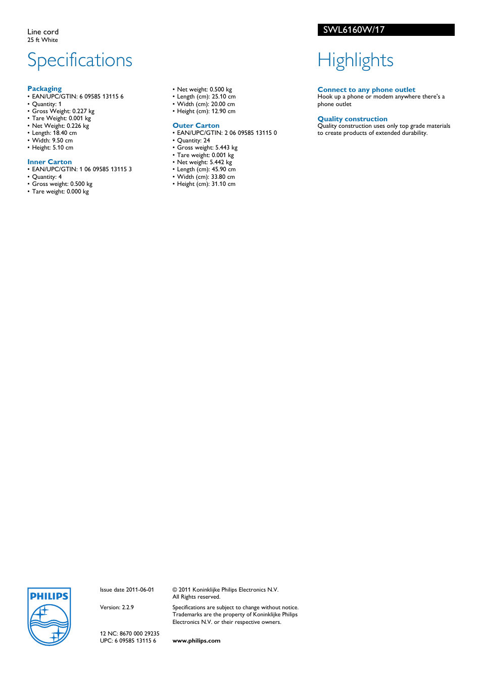 Specifications, Highlights | Philips SWL6160W-17 User Manual | Page 2 / 2