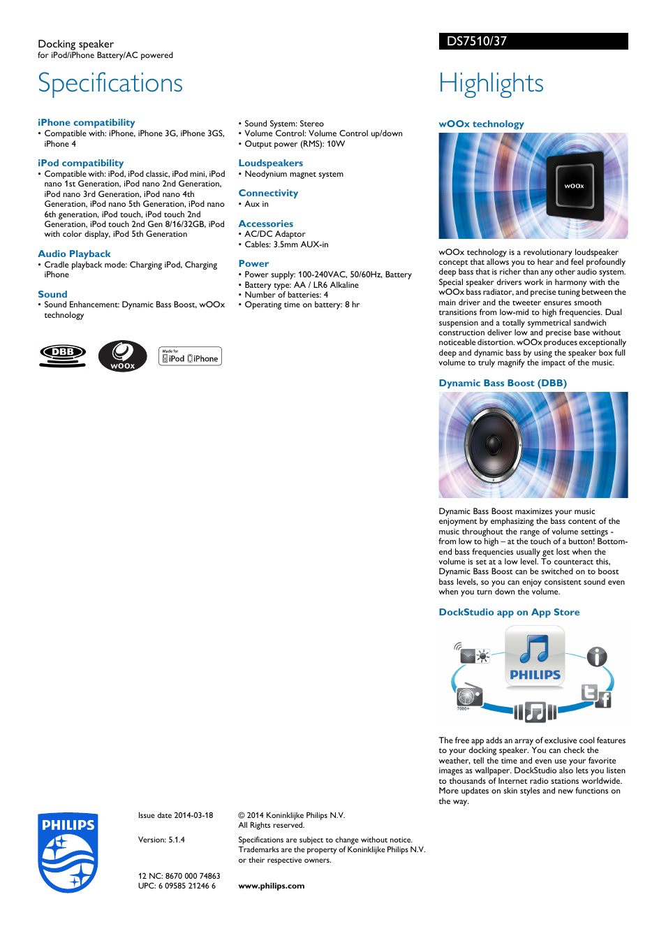 Specifications, Highlights | Philips DS7510-37 User Manual | Page 2 / 2