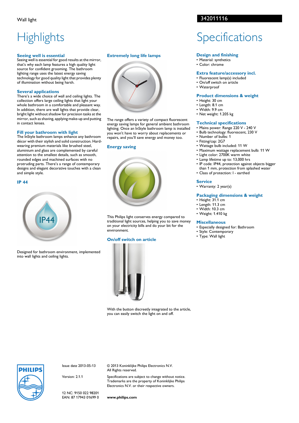 Highlights, Specifications | Philips 342011116 User Manual | Page 2 / 2