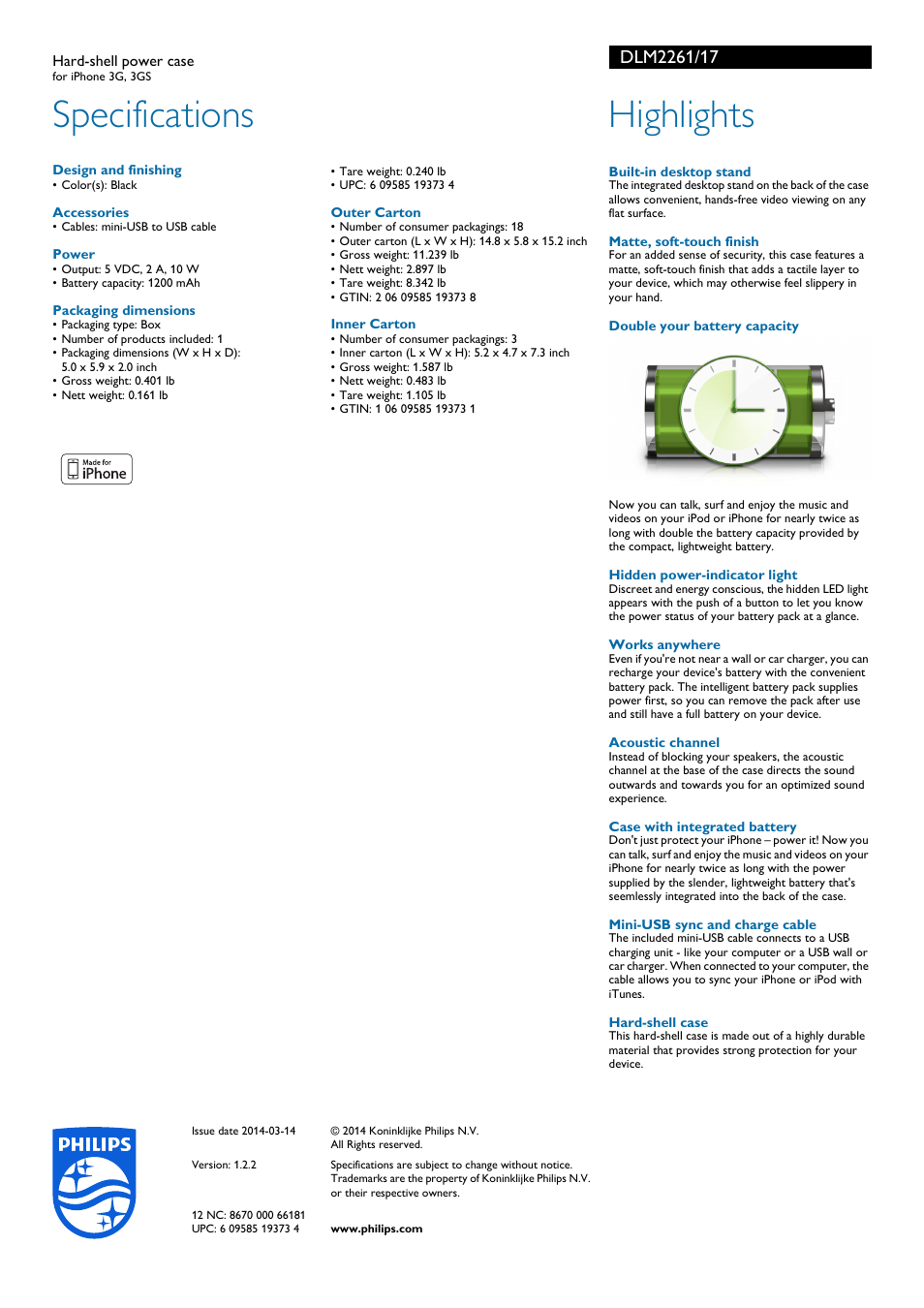 Specifications, Highlights | Philips DLM2261-17 User Manual | Page 2 / 2