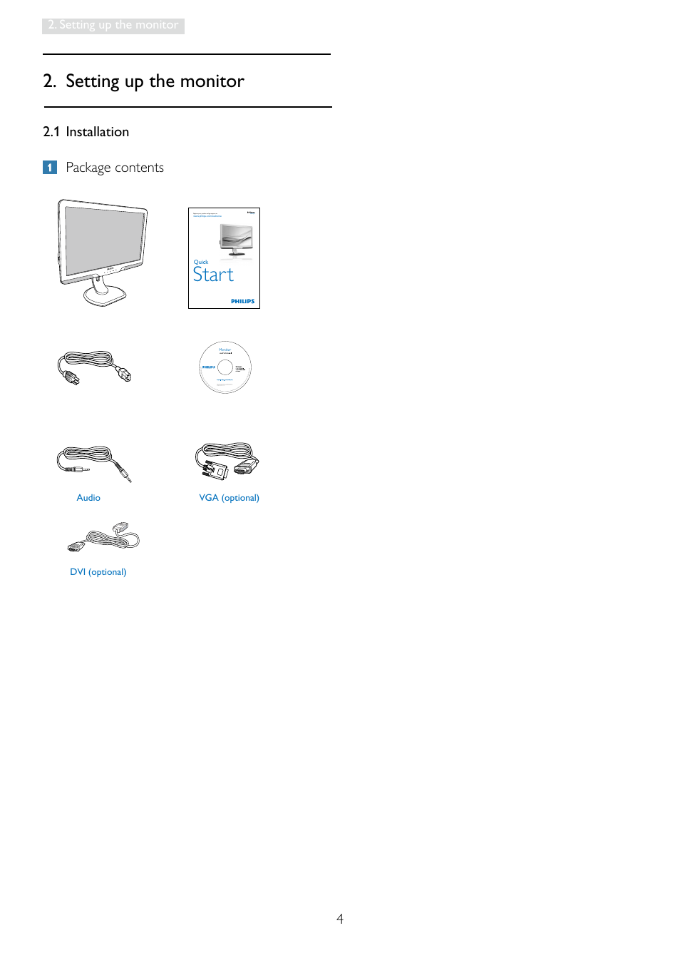 Start, 1 installation package contents, Setting up the monitor | Philips 235PQ2EB-27 User Manual | Page 6 / 51