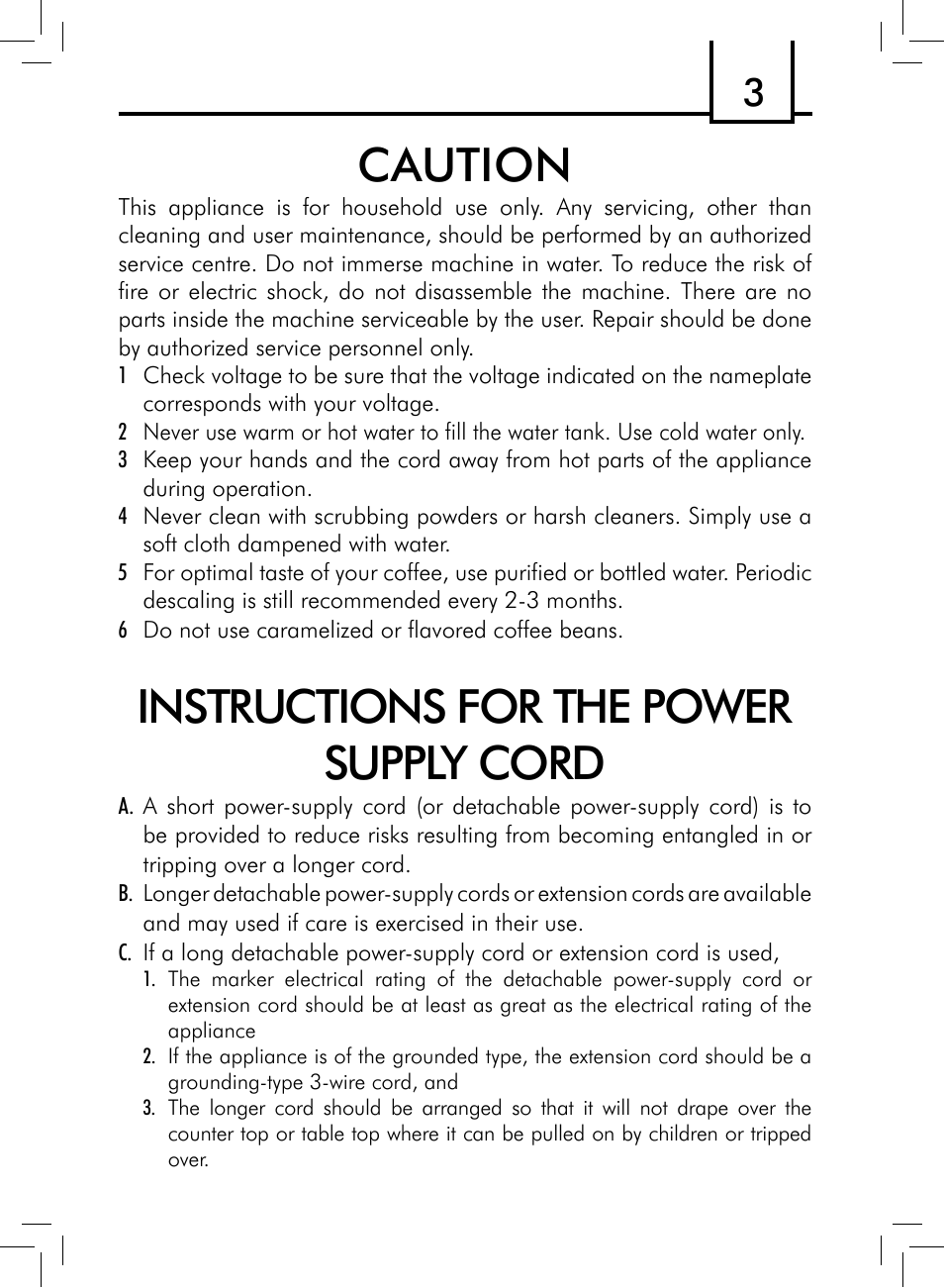 Caution, Instructions for the power supply cord | Philips 10002518 User Manual | Page 3 / 64