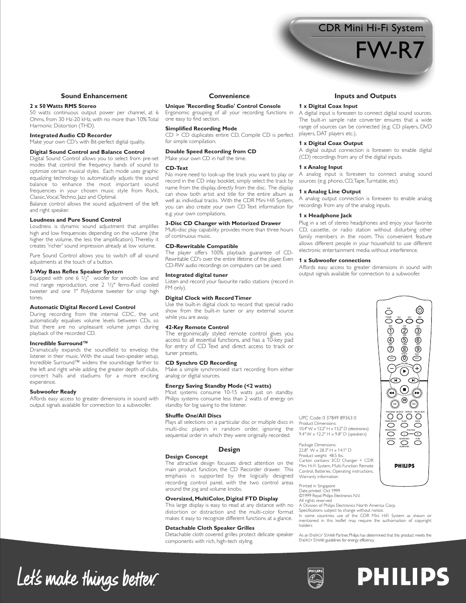 Fw-r7, Cdr mini hi-fi system, Sound enhancement | Convenience, Design, Inputs and outputs | Philips FWR7R-37 User Manual | Page 2 / 2