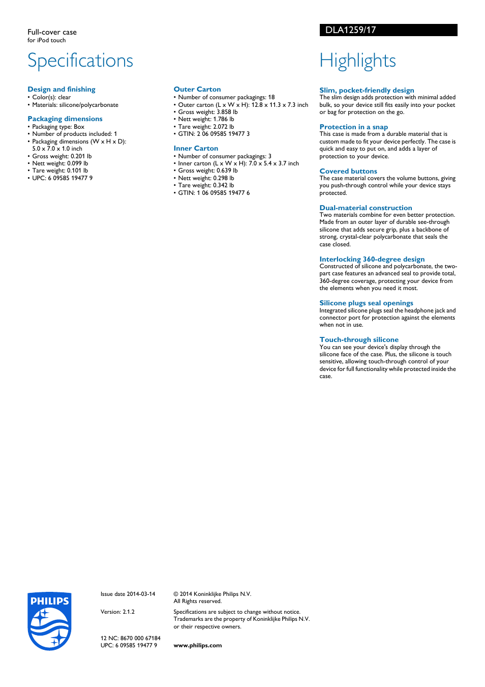 Specifications, Highlights | Philips DLA1259-17 User Manual | Page 2 / 2