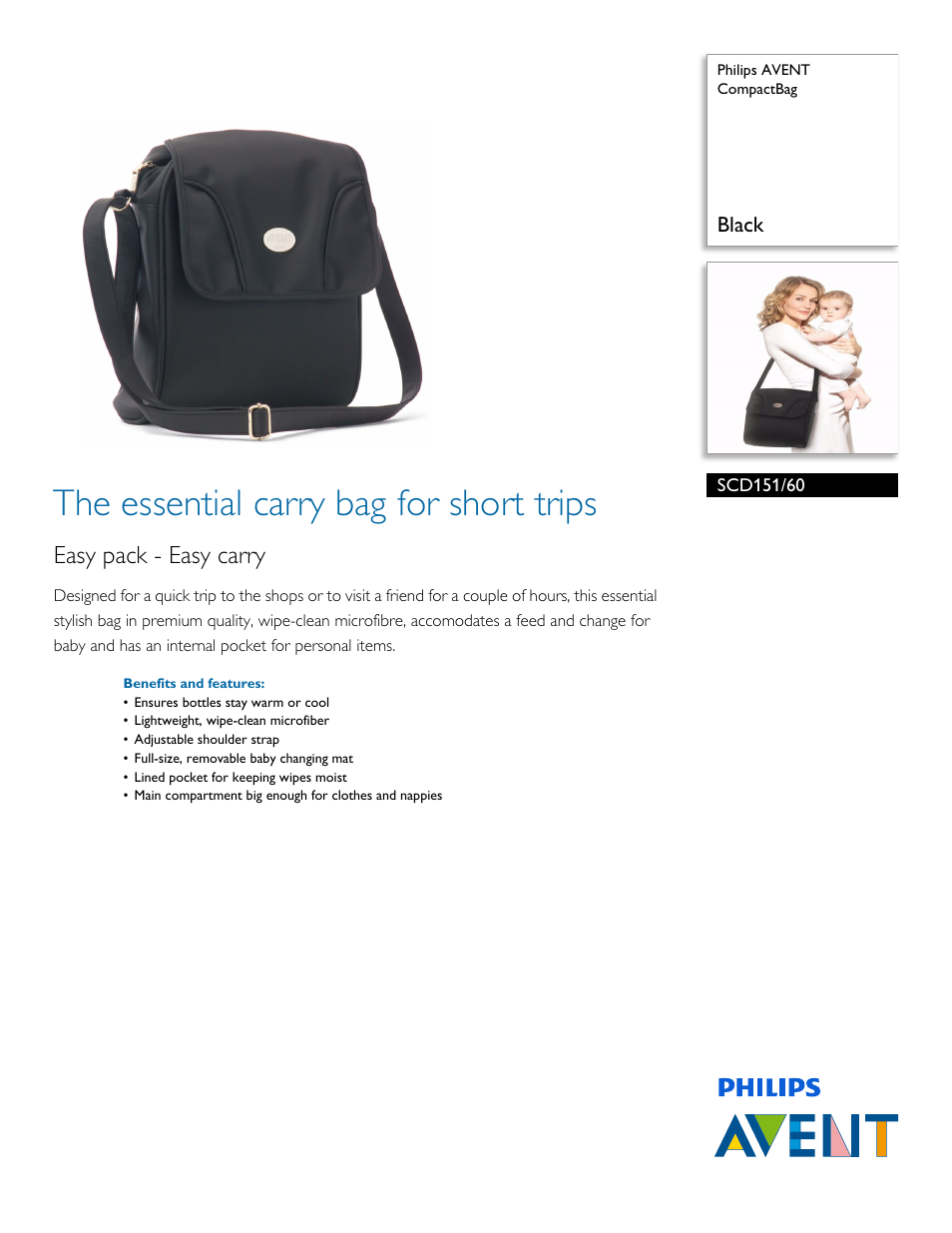 Philips AVENT AVENT Baby Compact Travel Bag SCD151-60 Black User Manual | 2 pages