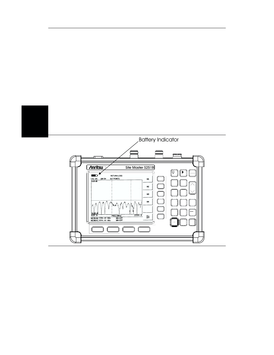 Bat tery charge in di ca tor 2-2, Battery charge indicator -2, Battery charge indicator | Battery indicator, Chapter 2 getting started, Low batt, Figure 2-1. site master battery indicator | Anritsu S251B User Manual | Page 16 / 84