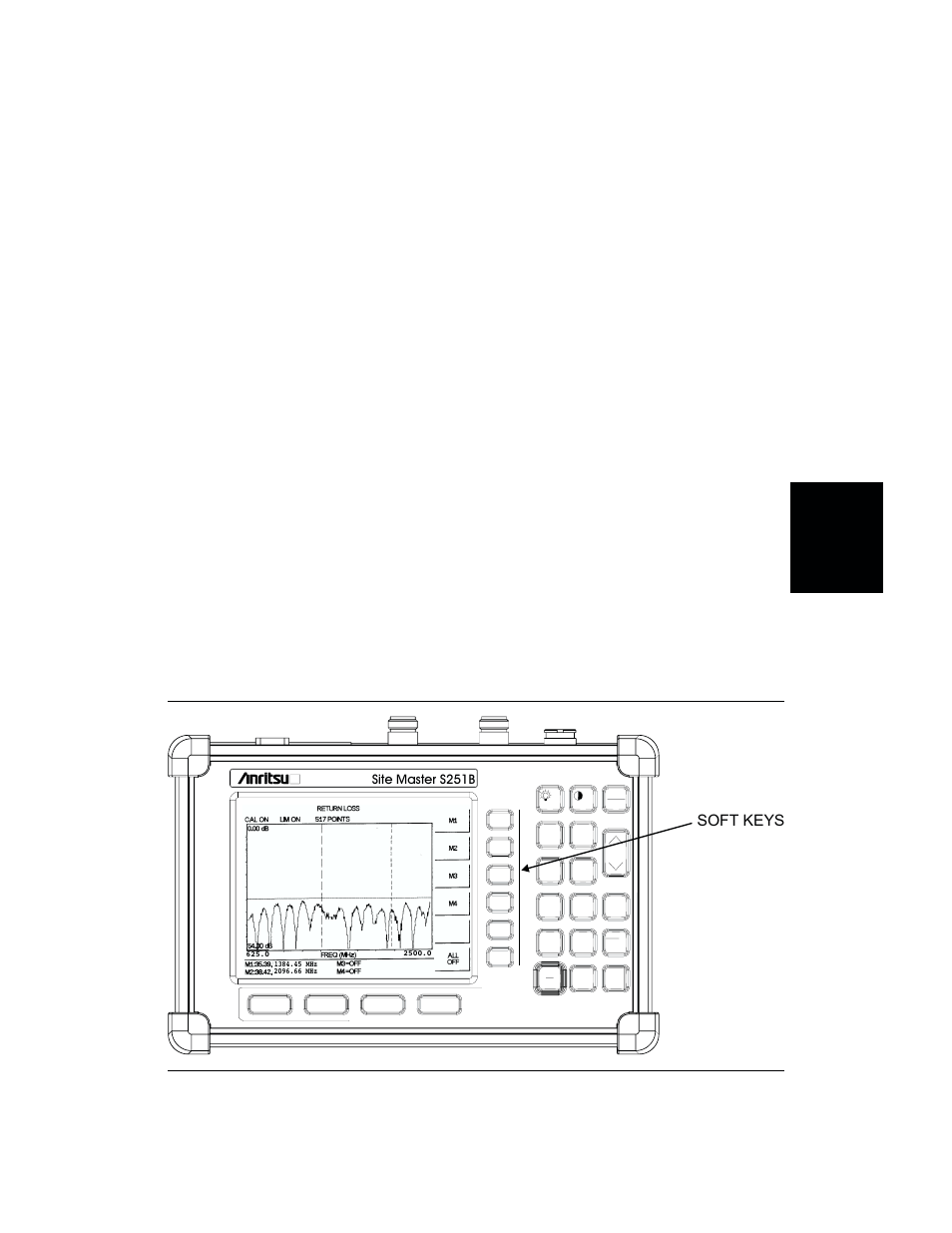 Chapter 3 - functions and operations 3-1, In tro duc tion 3-1, Front panel over view 3-1 | Chapter 3 - functions and operations, Introduction -1 front panel overview -1, Chapter 3 functions and operations, Introduction, Front panel overview, Soft keys | Anritsu S251B User Manual | Page 19 / 84