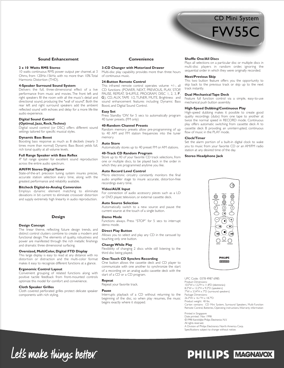 Fw55c, Cd mini system, Sound enhancement | Design, Convenience | Philips FW55C-37 User Manual | Page 2 / 2