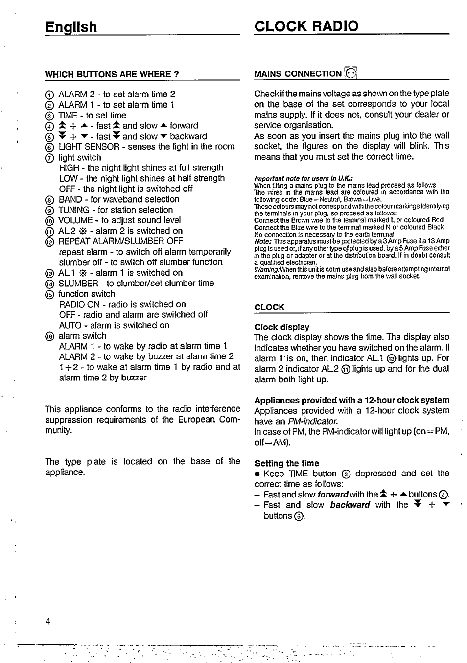 Clock radio, English clock radio | Philips AJ3600 User Manual | Page 4 / 10