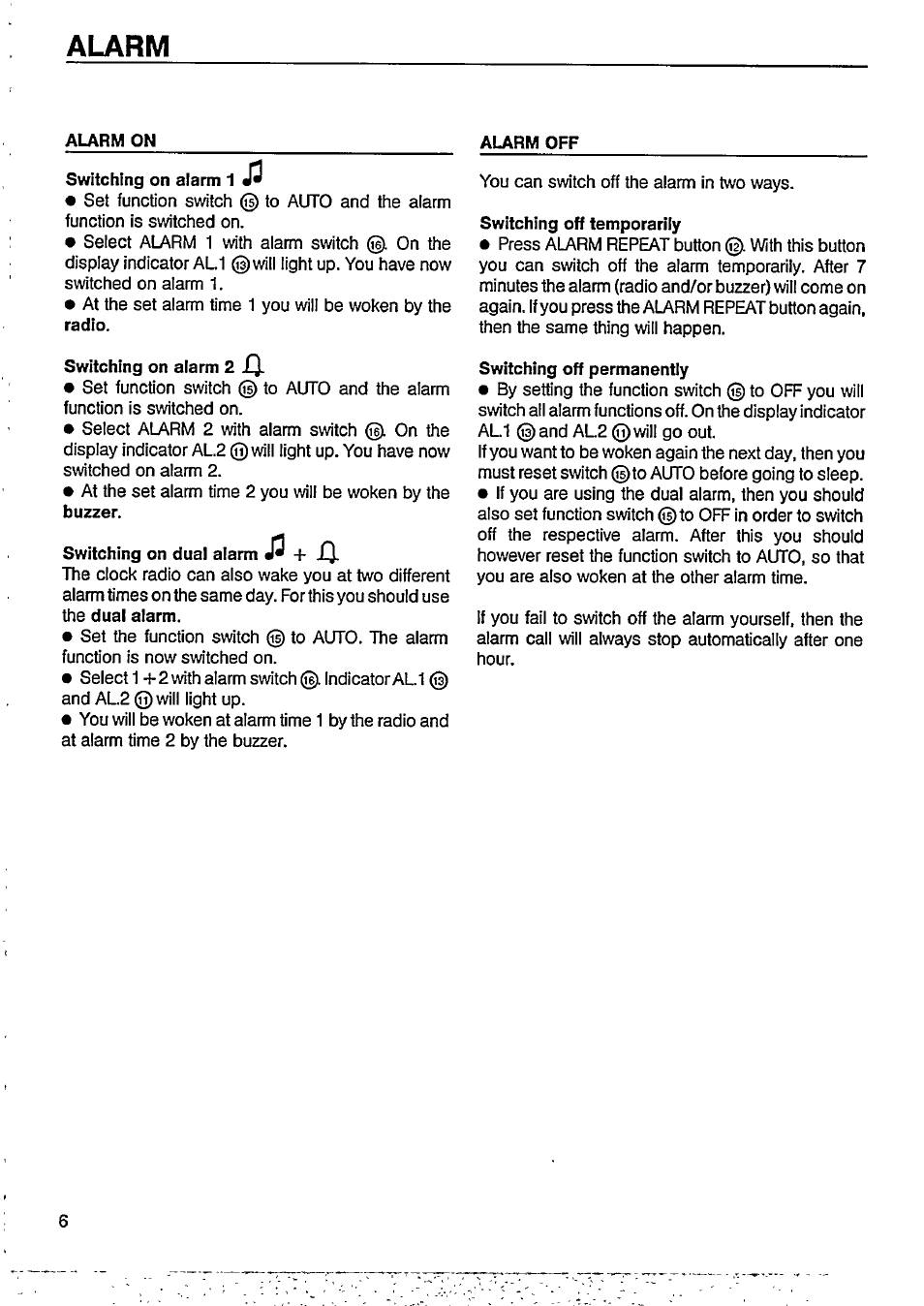 Alarm, Alarm off, Switching off temporarily | Switching off permanently | Philips AJ3600 User Manual | Page 6 / 10
