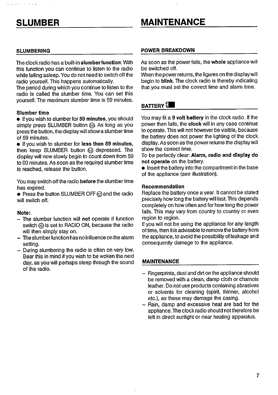 Slumbering, Power breakdown, Slumber time | Note, Battery, Recommendation, Slumber maintenance | Philips AJ3600 User Manual | Page 7 / 10