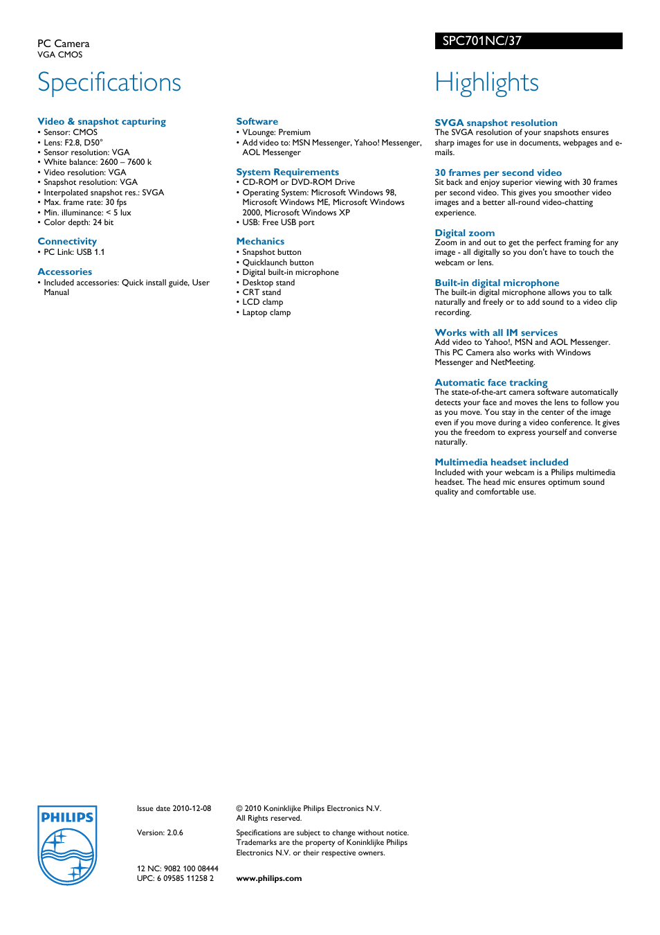 Specifications, Highlights | Philips SPC701NC-37 User Manual | Page 2 / 2