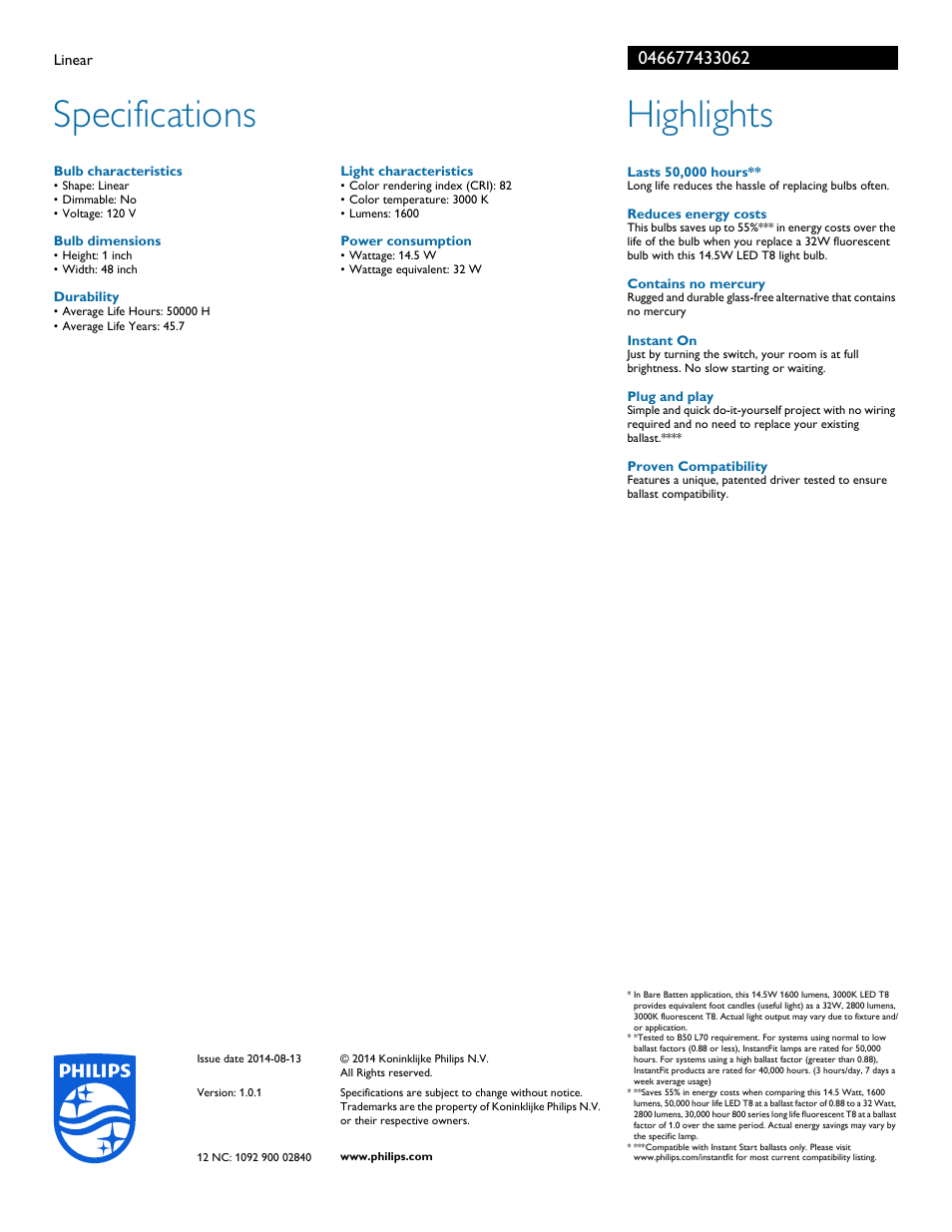 Specifications, Highlights | Philips 046677433062 User Manual | Page 2 / 2