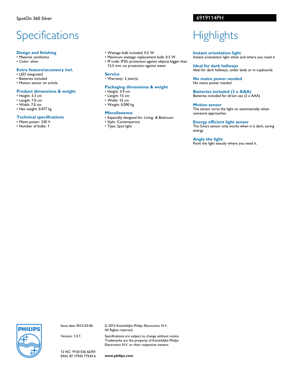 Specifications, Highlights | Philips 6919114PH User Manual | Page 2 / 2