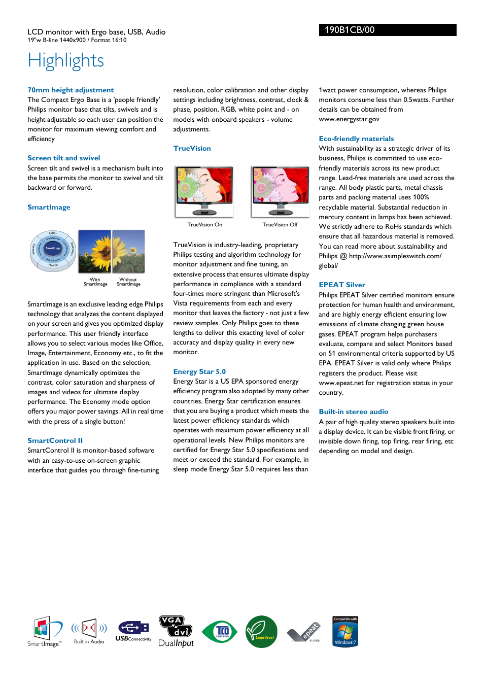 Highlights | Philips 190B1CB-00 User Manual | Page 2 / 3