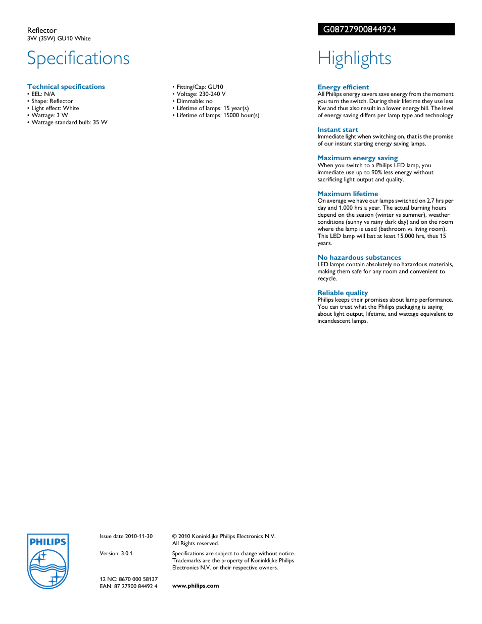 Specifications, Highlights | Philips G08727900844924 User Manual | Page 2 / 2