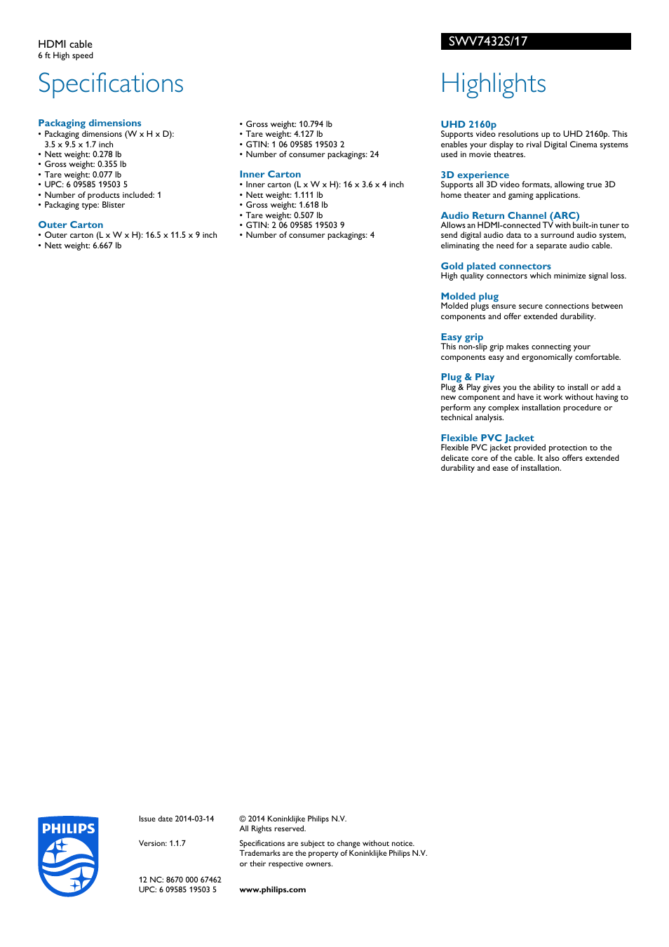 Specifications, Highlights | Philips SWV7432S-17 User Manual | Page 2 / 2