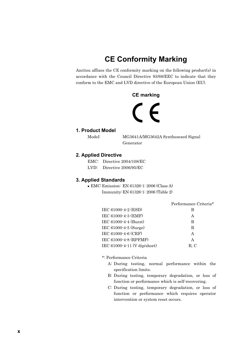 Ce conformity marking | Anritsu MG3641A User Manual | Page 10 / 212