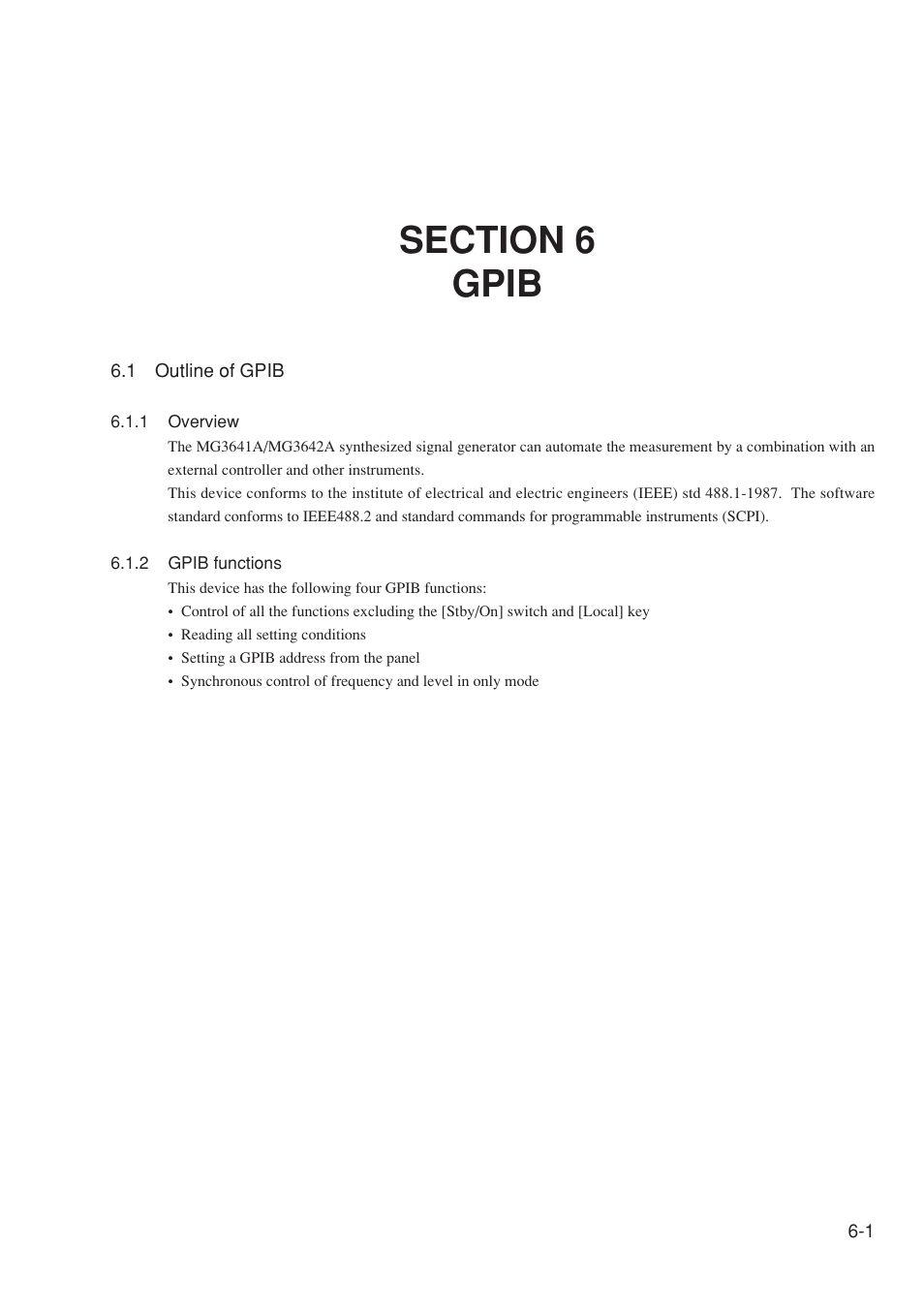 Section 6 gpib, 1 outline of gpib, 1 overview | 2 gpib functions | Anritsu MG3641A User Manual | Page 107 / 212