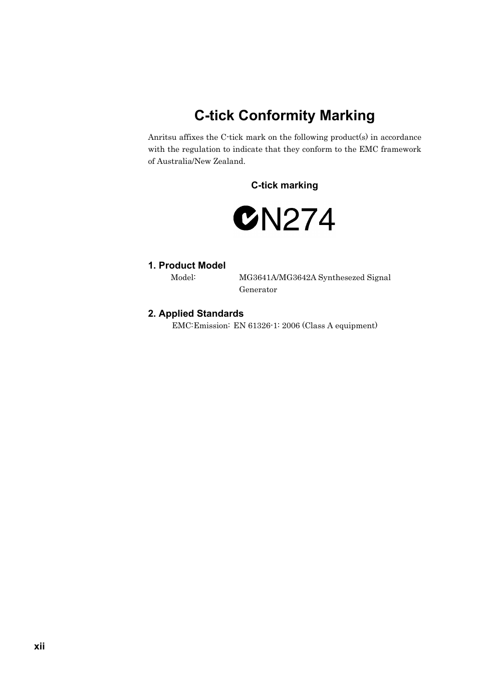 C-tick conformity marking | Anritsu MG3641A User Manual | Page 12 / 212