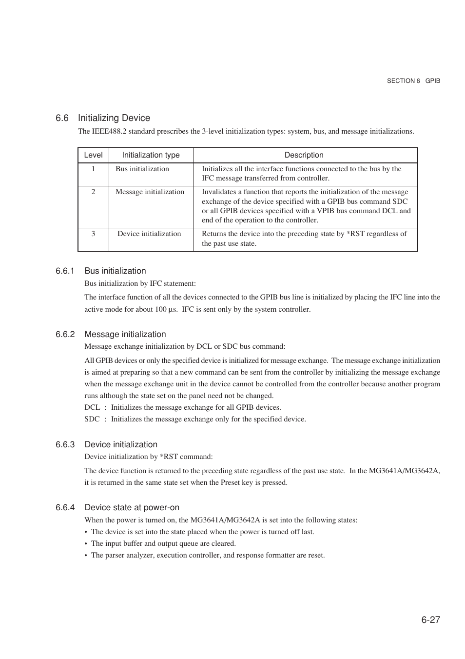6 initializing device, 1 bus initialization, 2 message initialization | 3 device initialization, 4 device state at power-on | Anritsu MG3641A User Manual | Page 133 / 212