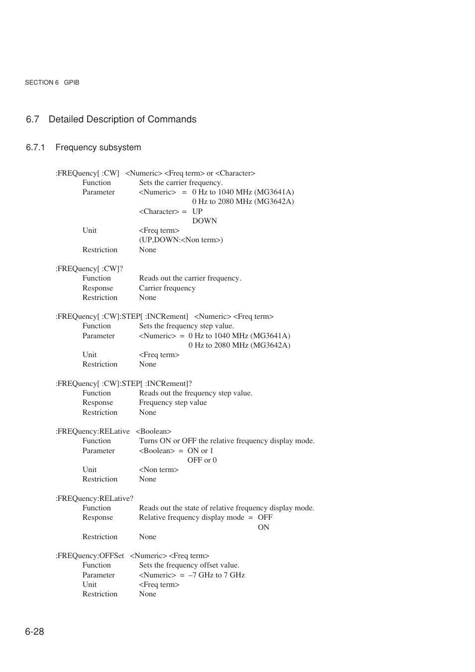 7 detailed description of commands, 1 frequency subsystem | Anritsu MG3641A User Manual | Page 134 / 212
