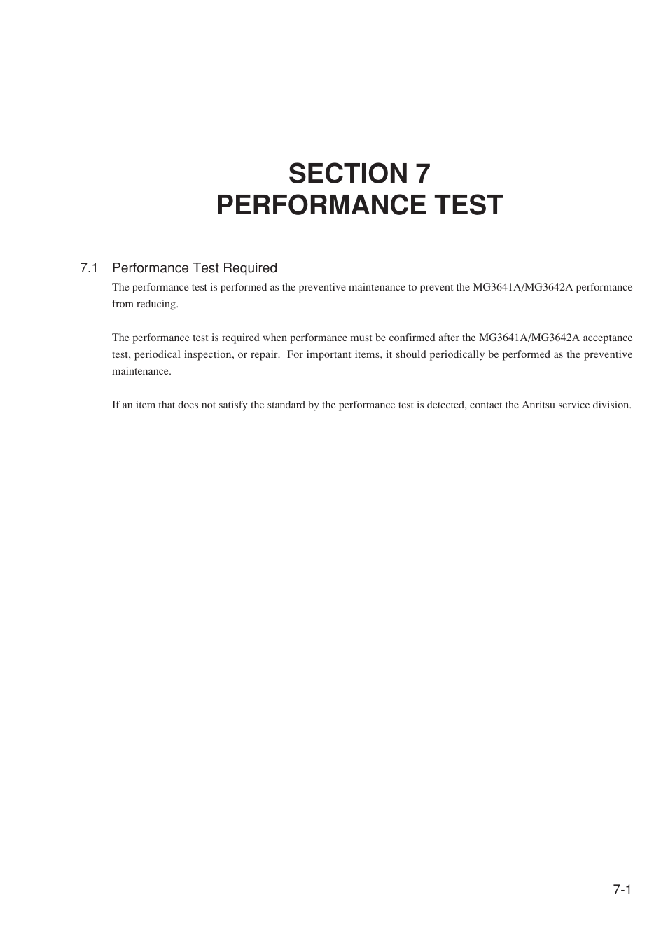 Section 7 performance test, 1 performance test required | Anritsu MG3641A User Manual | Page 169 / 212