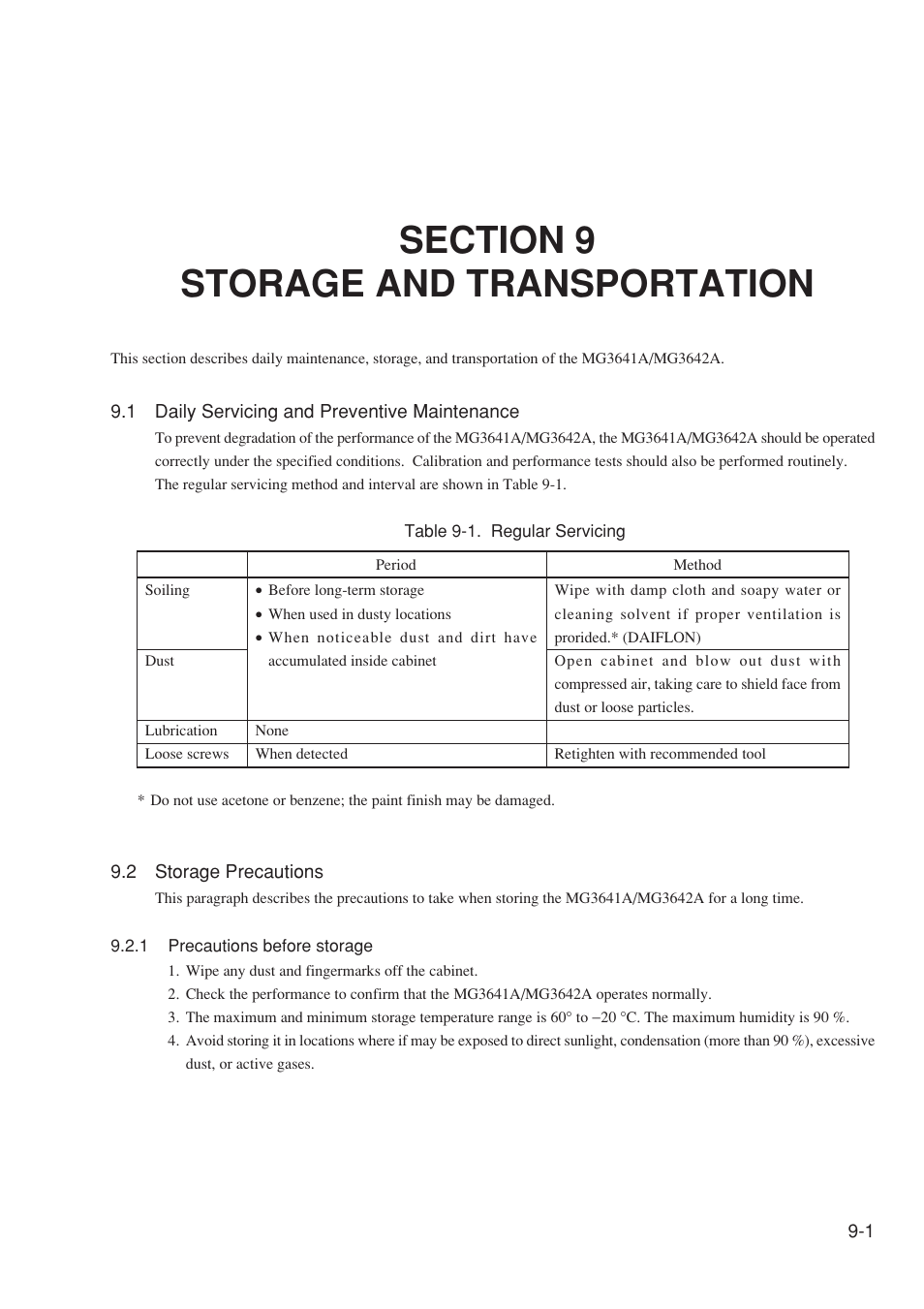 Section 9 storage and transportation, 1 daily servicing and preventive maintenance, 2 storage precautions | 1 precautions before storage | Anritsu MG3641A User Manual | Page 185 / 212