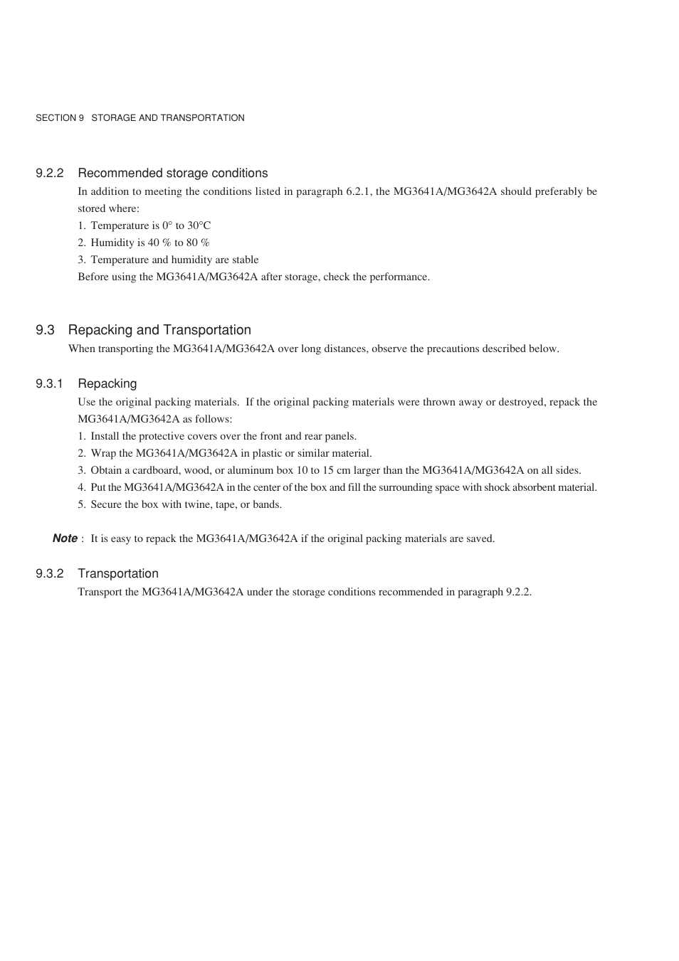 2 recommended storage conditions, 3 repacking and transportation, 1 repacking | 2 transportation | Anritsu MG3641A User Manual | Page 186 / 212