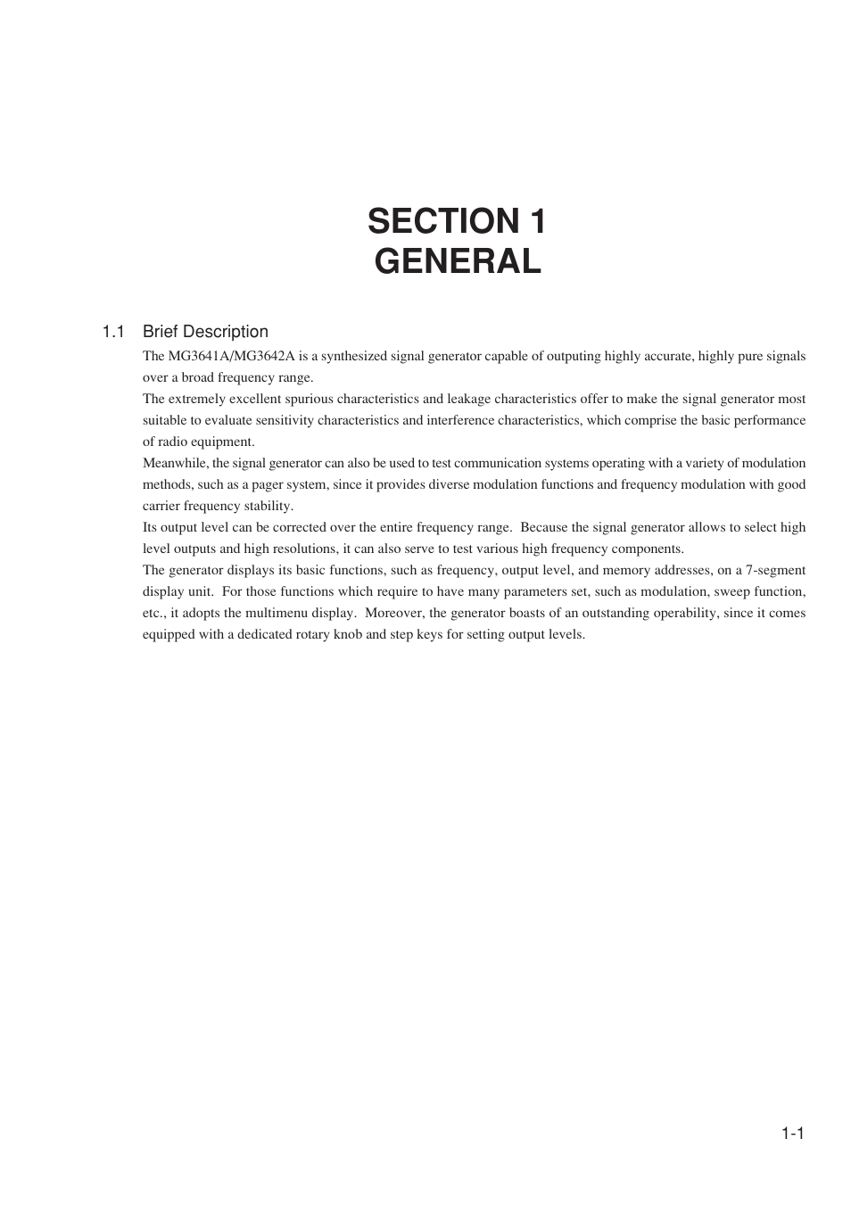 Section 1 general, 1 brief description | Anritsu MG3641A User Manual | Page 19 / 212