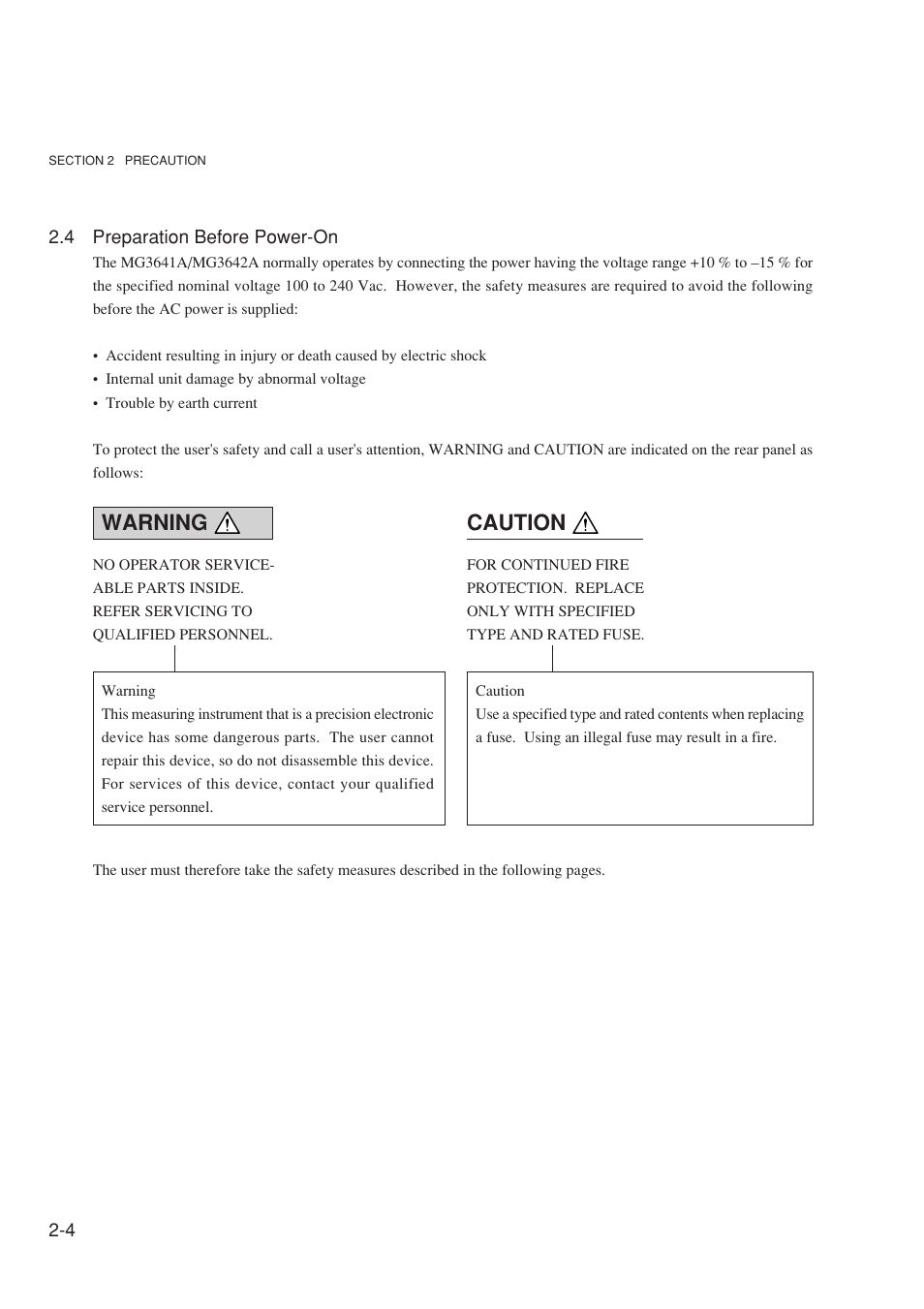 4 preparation before power-on, Warning caution | Anritsu MG3641A User Manual | Page 34 / 212