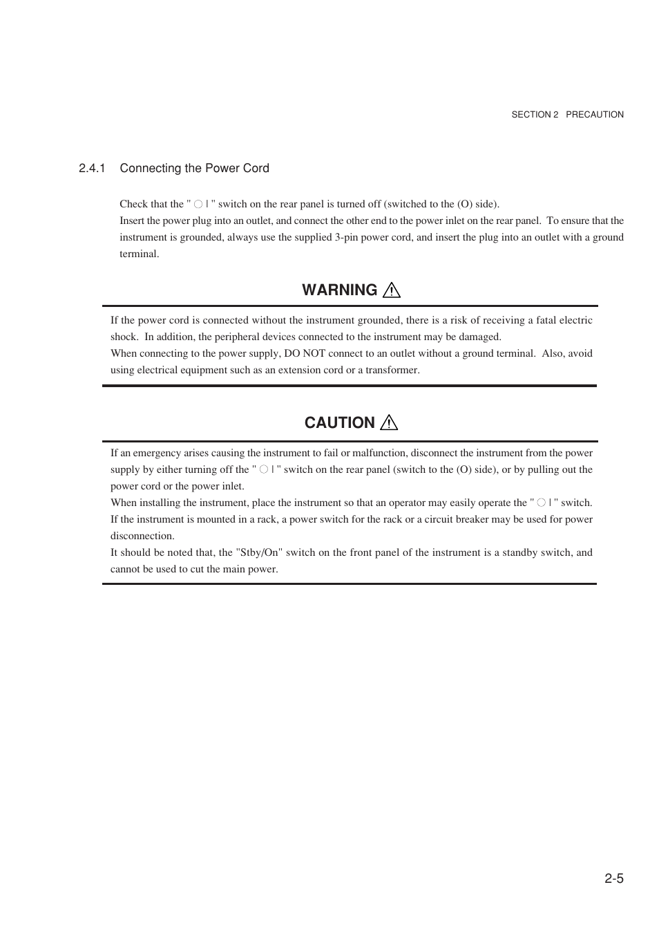 1 connecting the power cord, Warning, Caution | Anritsu MG3641A User Manual | Page 35 / 212