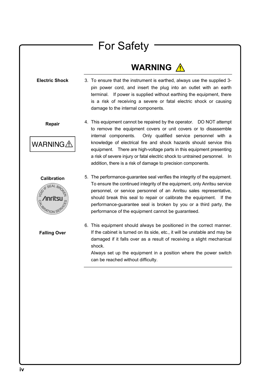 For safety, Warning | Anritsu MG3641A User Manual | Page 4 / 212