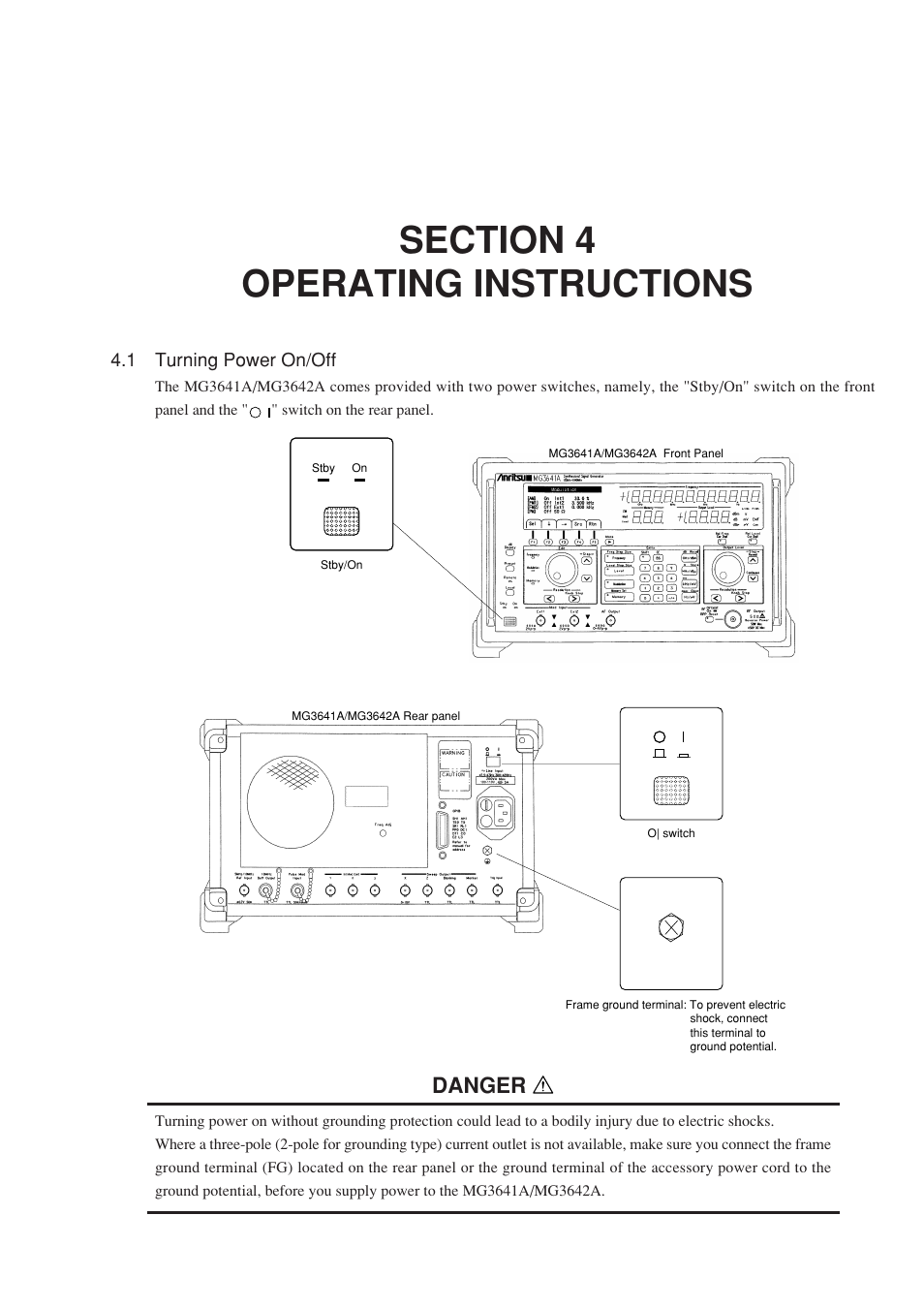 Section 4 operating instructions, 1 turning power on/off, Danger | Anritsu MG3641A User Manual | Page 41 / 212