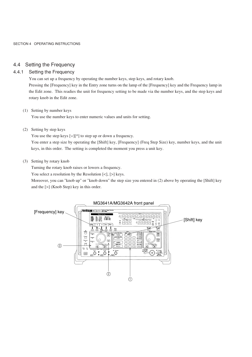 4 setting the frequency, 1 setting the frequency | Anritsu MG3641A User Manual | Page 48 / 212