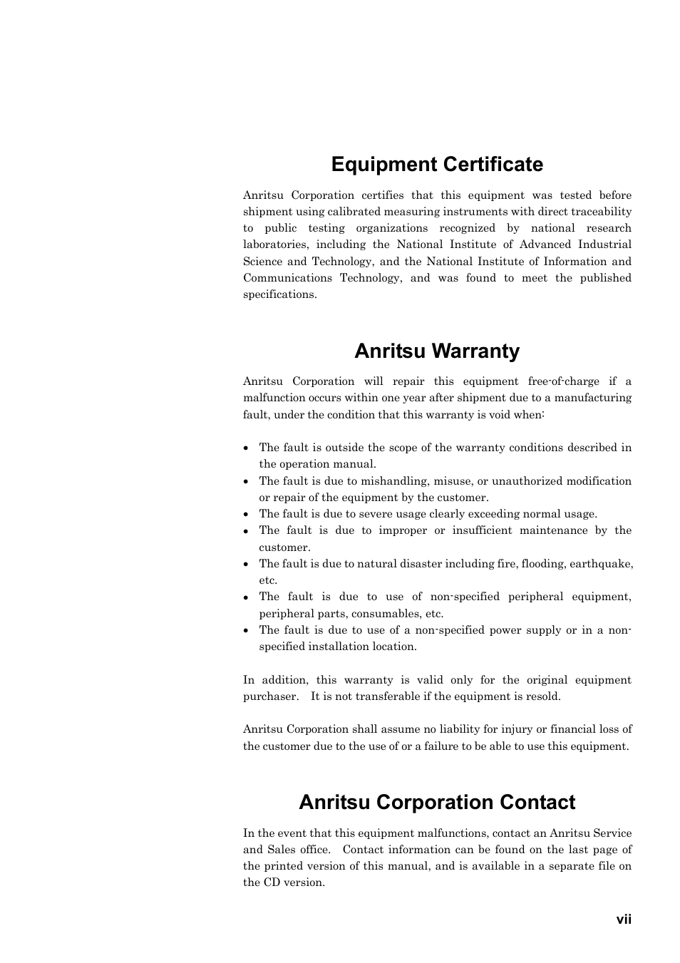 Equipment certificate, Anritsu warranty, Anritsu corporation contact | Anritsu MG3641A User Manual | Page 7 / 212