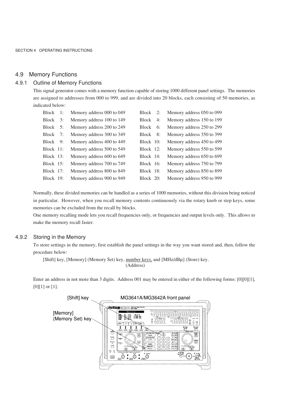 9 memory functions, 1 outline of memory functions, 2 storing in the memory | Anritsu MG3641A User Manual | Page 70 / 212