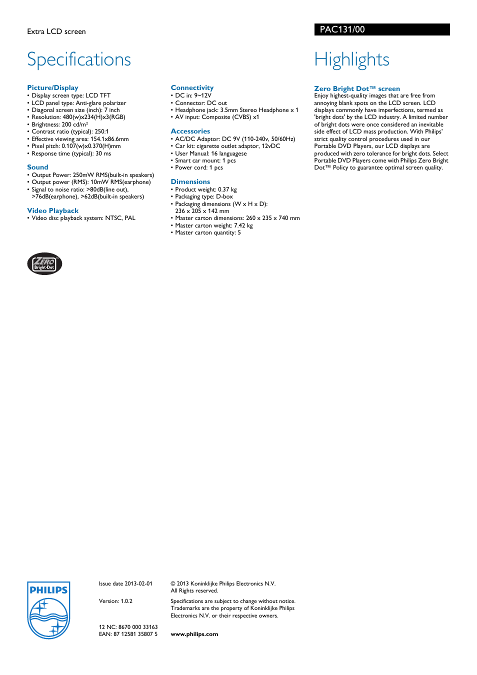 Specifications, Highlights | Philips Extra LCD screen PAC131 User Manual | Page 2 / 2