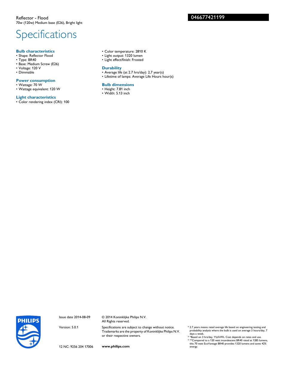 Specifications | Philips 046677421199 User Manual | Page 2 / 2